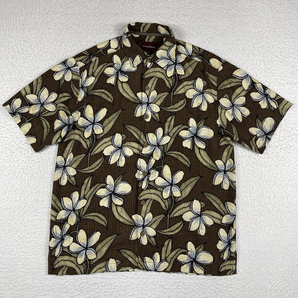 Tommy Bahama Shirt Mens Medium Brown 100% Silk Floral Resort Vacation Traveler